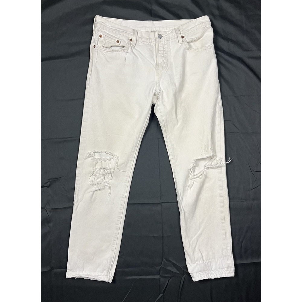 Levi's 501 CT Mens W29 Ripped White Tapered Jeans Customized Button Fly Denim